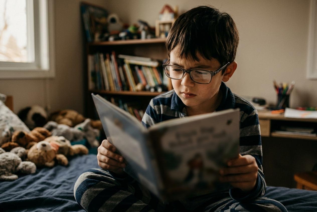 A focused boy wearing glasses reads a picture book while sitting on his bed, with stuffed animals and a bookshelf behind him.