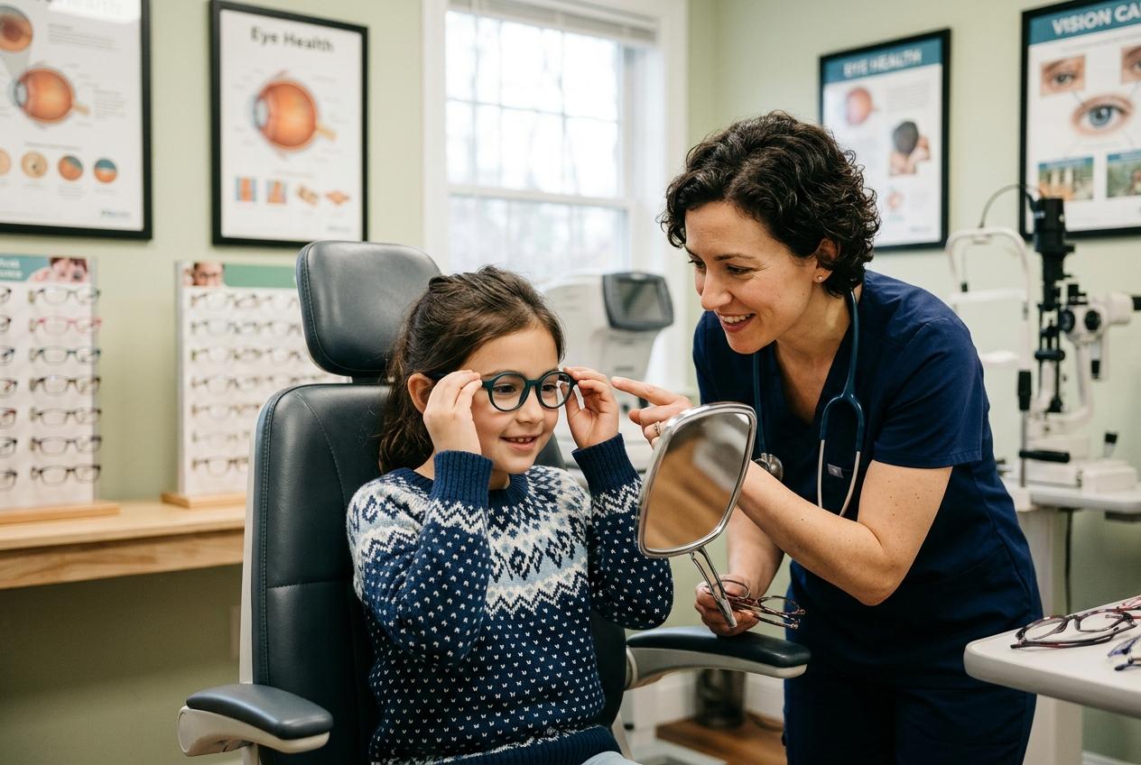 Smiling optometrist holds a mirror for a young girl trying on glasses in an eye exam chair.