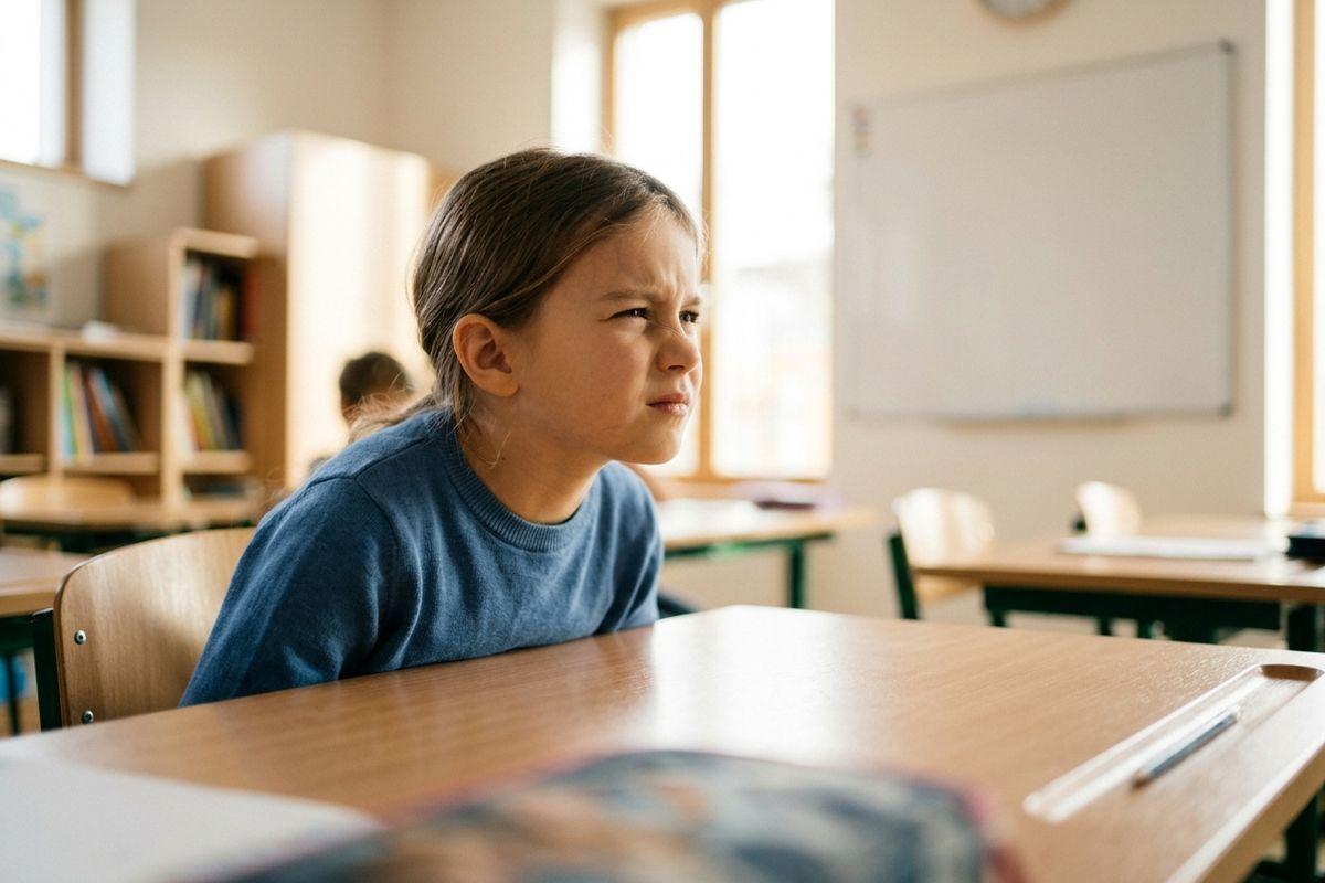 Child in blue sweater sitting at a desk in a classroom, frowning while looking to the side.
