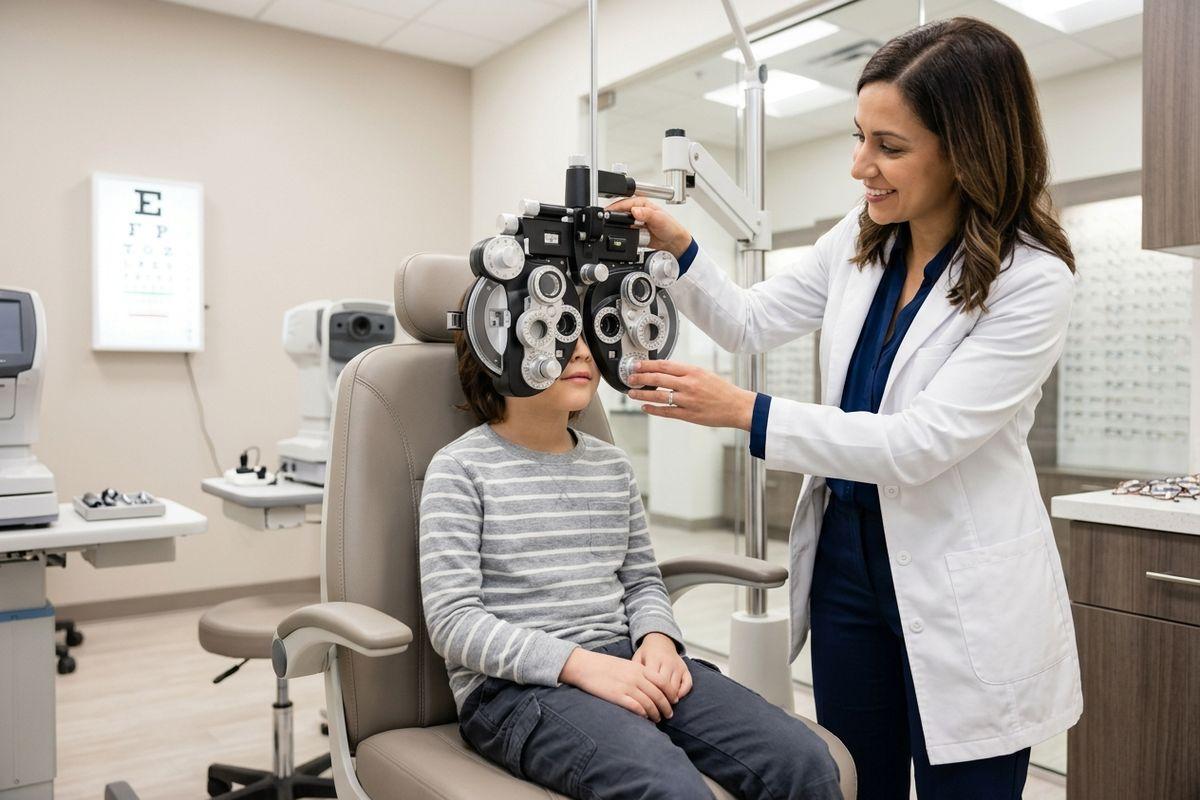 Optometrist adjusts a phoropter for a child seated in an exam chair, eye chart on the wall behind.