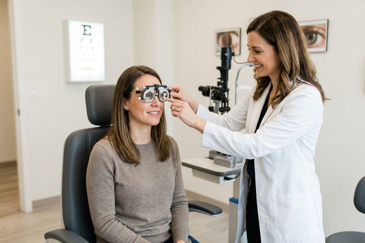 Optometrist adjusts trial frame glasses on a smiling seated patient during an eye exam, with eye chart on the wall.