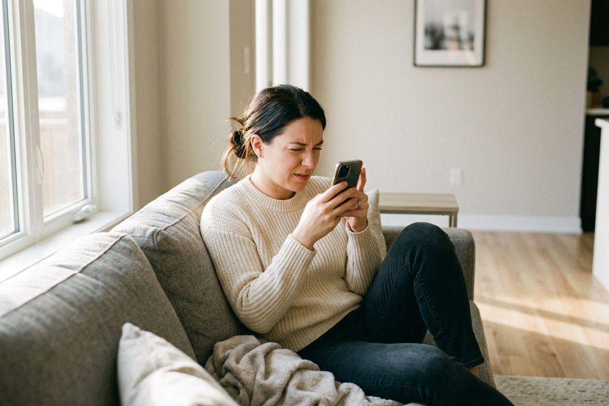 Person on a sofa squinting at a smartphone held close to their face, in a bright living room.