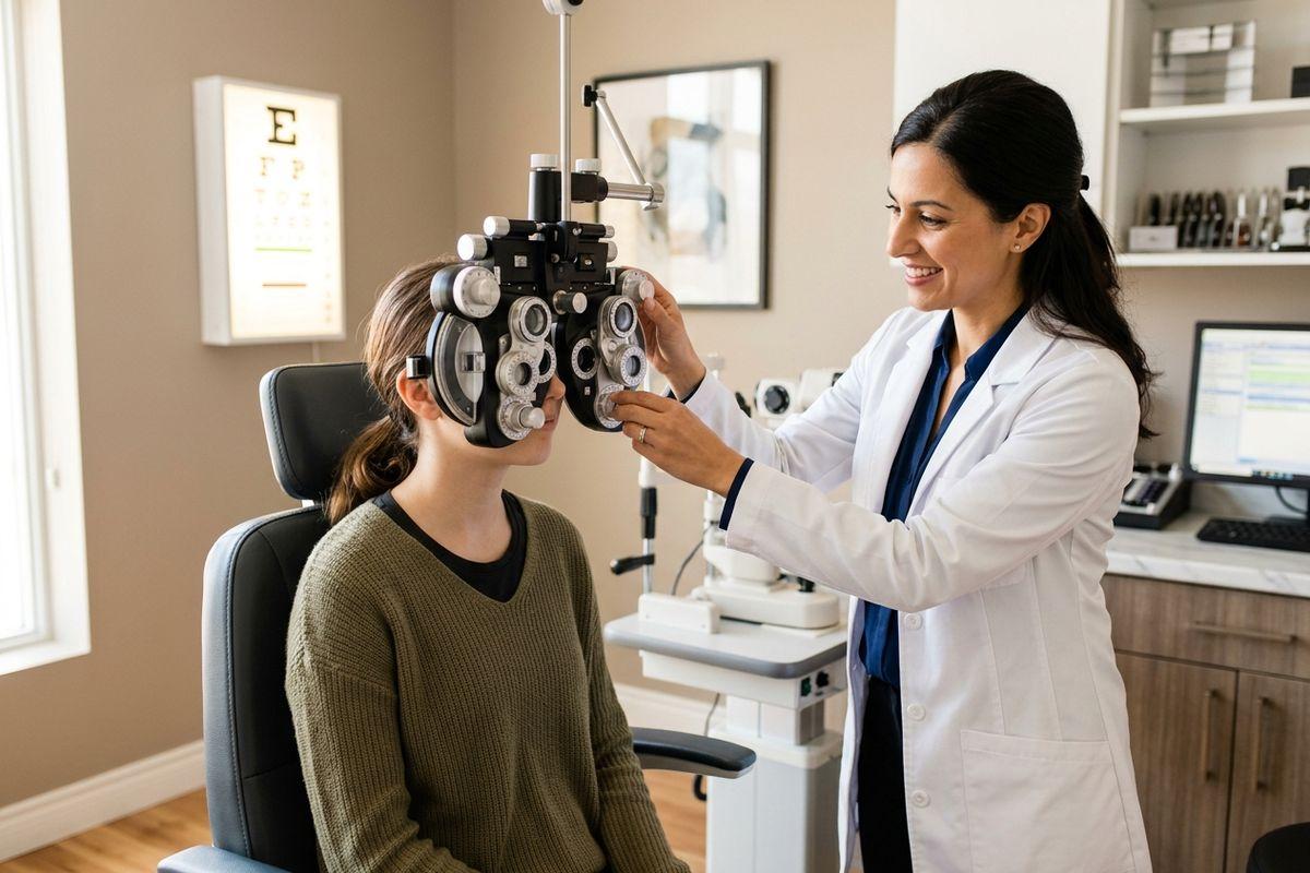 Optometrist adjusts a phoropter for a patient during an eye exam, smiling, with an eye chart on the wall.