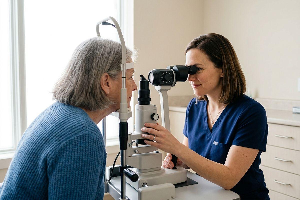 Optometrist examines an older patient's eyes using a slit lamp in an exam room.