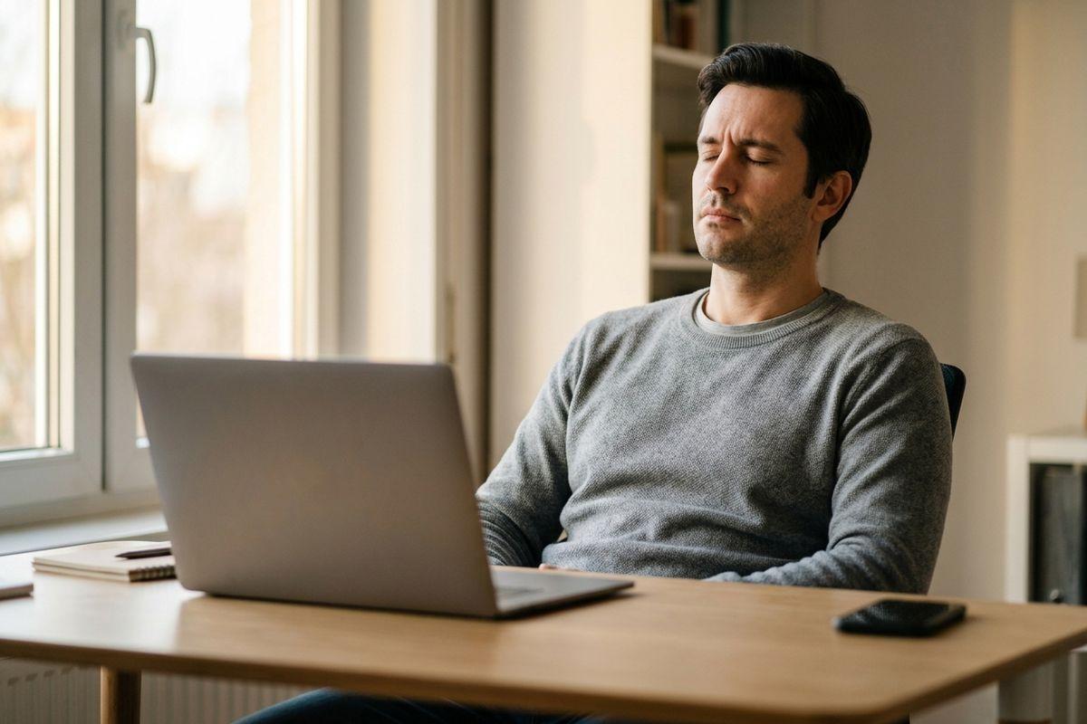 Adult sitting at a desk with a laptop, eyes closed and expression strained, appearing stressed or fatigued, in a home office setting.